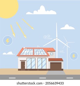 Eco-friendly Home. Solar Panels And Wind Turbines. Vector Illustration