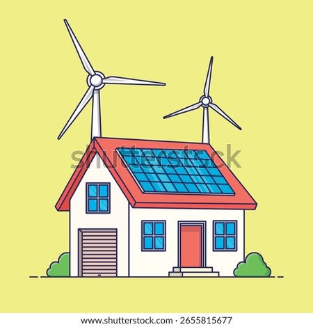 Eco-Friendly Home with Solar Panels and Wind Turbines Sustainable Living and Renewable Energy for a Green House. Modern Architecture Powered by Clean Technology