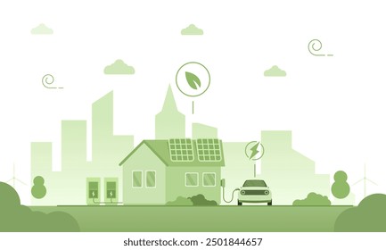 Eco-friendly home vector. Green urban landscape with solar-powered houses, electric car charging, and city skyline. Sustainable living concept. Renewable energy in residential setting. 