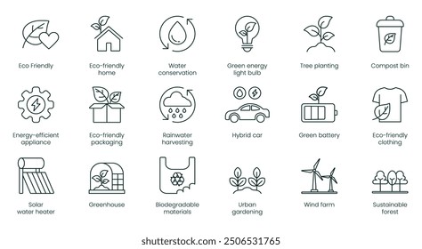 Eco-Friendly, Eco-Friendly Home, Water Conservation, Green Energy Light Bulb, Tree Planting, Compost Bin, Energy Efficient Appliance, Eco-Friendly Packaging, Rainwater Harvesting vector icons