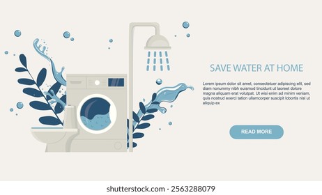 Eco-Friendly Home Water Conservation Washing Machine Illustration. washing machine and shower promoting water conservation at home, with decorative blue leaves and water splashes. World water day.