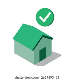 Casa ecológica com um ícone de marca de seleção - que representa o uso verificado de energia verde, a vida sustentável e a casa certificada com eficiência energética.