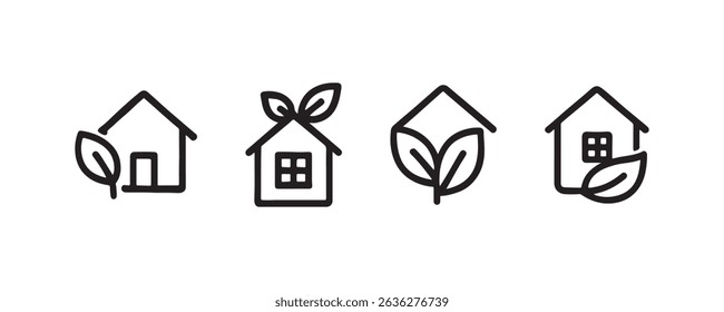 Eco-friendly house icons with leaves and minimalist design elements.