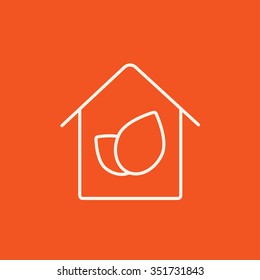 Eco-friendly house line icon for web, mobile and infographics. Vector white icon isolated on red background.