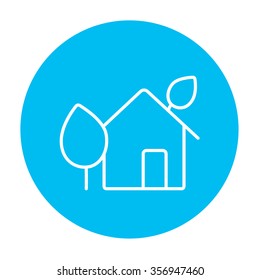 Eco-friendly house line icon for web, mobile and infographics. Vector white icon on the light blue circle isolated on white background.