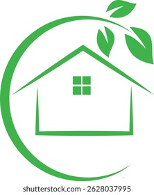 "Eco-friendly house logo design with green leaves and a minimalist style, symbolizing sustainable living, green building, or nature-based real estate branding."