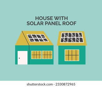 Eco-friendly house with solar panel roof illustration. Energy-saving house with solar panel roof from side view and front view illustration. Eco-friendly house. Green energy. Solar panel roof.