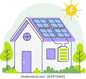 Eco-friendly house with solar panels on the roof charging a battery. Vector concept of sustainable living and green homes.