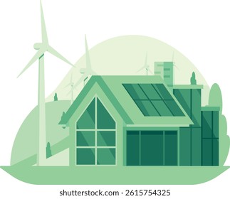 Eco-Friendly House with Solar Panels and Wind Turbines
