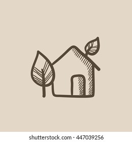 Icono de boceto de vector de casa amigable para el medio ambiente aislado en el fondo. Dibujó a mano un icono de la casa amigable con el medio ambiente. Icono de boceto de casa amigable para infografía, sitio web o aplicación.