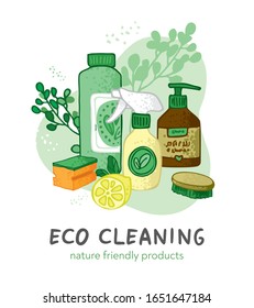 Eco-friendly household cleaning products on an abstract green background. Banner for eco cleaning service with non-chemical means. Elements for posters, promo of the green home. Vector illustratration