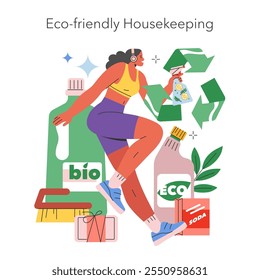 Concepto de limpieza ecológico. Mujer que utiliza productos de limpieza naturales para una limpieza ambientalmente segura. Estilo de vida orgánico, vida verde y sostenibilidad. Ilustración vectorial.