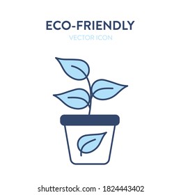 Eco-friendly houseplant icon. Vector illustration of a flower pot with a plant drowing inside. Represents concept of environmental conservation, nature, house plants, home flowers