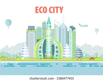 Eco-friendly housing complex, cityscape with skyscrapers and windmills or solar panels vector. Eco cars and airplane. air balloons and clean water, future town. Green life and environment protection