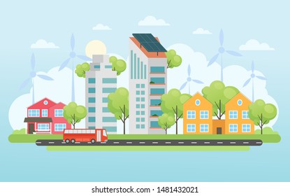 Eco-friendly housing complex - modern flat design style vector illustration on white background. Lovely cityscape with skyscrapers, windmills, solar panels, car. Vector illustration.