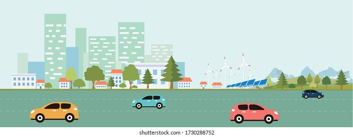 Eco-friendly housing complex - modern flat design style vector illustration on white background. Lovely cityscape with skyscrapers, windmills, solar panels, cars. Vector illustration