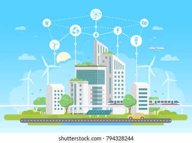 Eco-friendly complexo habitacional - ilustração vetorial estilo plano moderno no fundo azul com um conjunto de ícones. Uma paisagem urbana com arranha-céus, painéis solares, trem. Reciclagem, economia de energia conceito