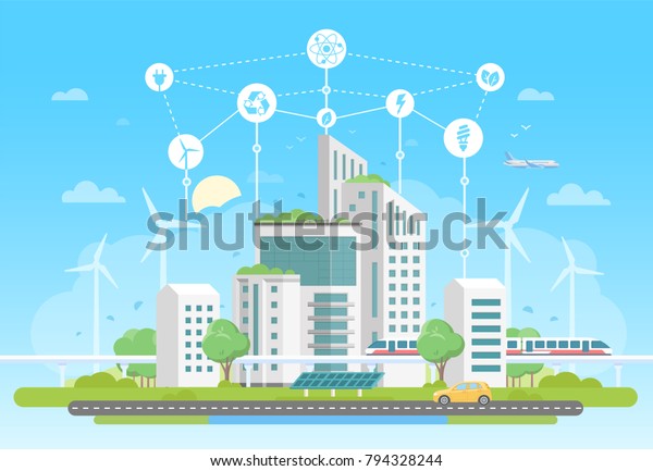 Eco-friendly housing complex - modern flat design\
style vector illustration on blue background with a set of icons. A\
cityscape with skyscrapers, solar panels, train. Recycling, saving\
energy concept