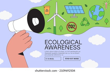 Eco-friendly human hand hold loudspeaker. Saving our Earth planet, protecting and caring about environment. Ecology awareness and sustainability web banner, poster, placard.  Vector illustration.
