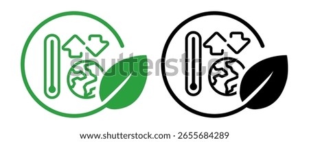 eco-friendly icon featuring thermometer globe and arrows alongside a green leaf symbolizing environmental awareness climate control and sustainability