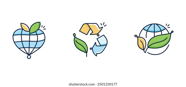 Conjunto de iconos ecológicos: Símbolos globales de amor, reciclaje y protección de la tierra. Iconos vectoriales con trazo y colores editables.