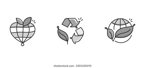Eco-Friendly Icon Set: Global Love, Recycling, and Earth Protection Symbols. Vector Icons with editable stroke and colors.