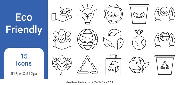 Eco-friendly icon set with green energy, recycling, sustainability, clean environment, and nature themes. Ideal for apps, websites, infographics, and environmental campaigns.
