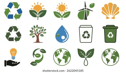 Eco-Friendly Icon Set Sustainability, Recycling, Renewable Energy, and Nature Symbols Collection