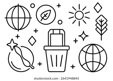 Eco-friendly icons and elements in modern minimalist black and white style for nature conservation
