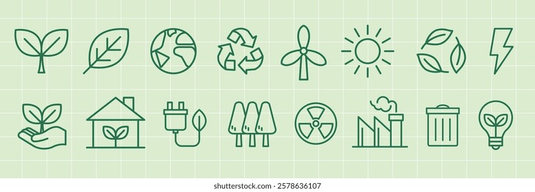 Eco-friendly icons featuring leaves, recycling, wind, and solar energy. Includes symbols for sustainability, green energy, and environmental conservation. Nature illustrations, isolated vector set.