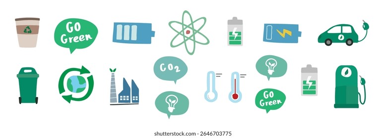 Eco-friendly icons featuring recycling, green energy, and sustainability. Includes recycling bins, green cars, and energy symbols. Promotes eco-friendly living. Nature illustrations, isolated vectors.
