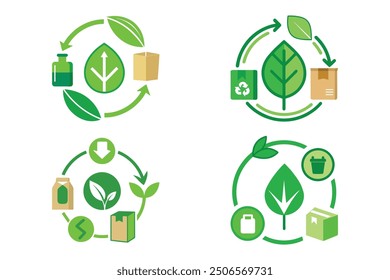 Eco-Friendly Icons: Green Leaf and Arrow Designs for Biodegradable and Recyclable Packaging Labels.