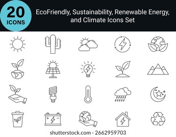 Eco-Friendly Icons In Line Style. Line Art Icons Representing Sustainable Practices. Including plant, 
renewable energy, recycling, weather, nature. Line Style, Editable Stroke