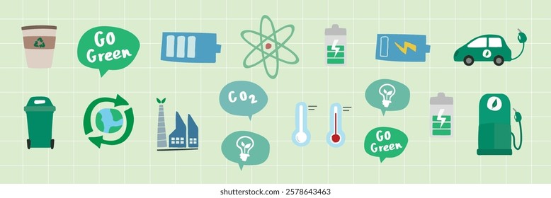 Eco-friendly icons: recycling, green energy, electric car, battery, CO2, thermometer. Go green with recycling, energy, and eco-friendly symbols. Nature illustrations, isolated element vector set.