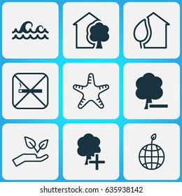 Eco-Friendly Icons Set. Collection Of Cigarette, Delete Woods, Save World And Other Elements. Also Includes Symbols Such As Stop, Add, Starfish.