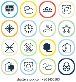 Eco-Friendly Icons Set. Collection Of Delete Woods, House, Clear Climate And Other Elements. Also Includes Symbols Such As Snowflake, Wave, Shield.