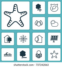 Eco-Friendly Icons Set. Collection Of Delete Woods, Sun Power, Ocean Wave And Other Elements. Also Includes Symbols Such As Leaf, Aqua, Building.