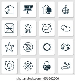 Eco-Friendly Icons Set. Collection Of Fire Banned, Cigarette, Cloud Cumulus And Other Elements. Also Includes Symbols Such As Snow, Ecology, Leaf.