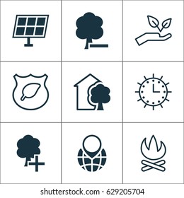Eco-Friendly Icons Set. Collection Of Guard Tree, Sun Clock, Insert Woods And Other Elements. Also Includes Symbols Such As Pointer, Remove, Campfire.