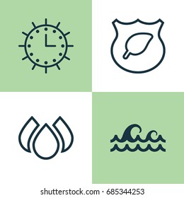 Eco-Friendly Icons Set. Collection Of Guard Tree, Sun Clock, Aqua And Other Elements. Also Includes Symbols Such As Wave, Leaf, Drops.