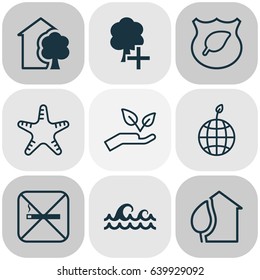Eco-Friendly Icons Set. Collection Of Home, Cigarette, Sea Star And Other Elements. Also Includes Symbols Such As Ecology, Smoke, Insert.