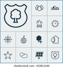 Eco-Friendly Icons Set. Collection Of Home, Bonfire, Snow And Other Elements. Also Includes Symbols Such As Wave, Clock, Weather.