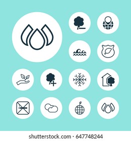 Eco-Friendly Icons Set. Collection Of Ocean Wave, Aqua, Snow And Other Elements. Also Includes Symbols Such As Building, Sea, Remove.