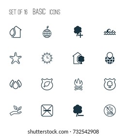 Eco-Friendly Icons Set. Collection Of Pin Earth, Fire Banned, Sea Star And Other Elements. Also Includes Symbols Such As Aqua, World, Earth.