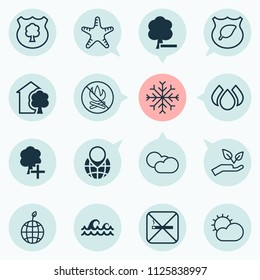 Eco-friendly icons set with no bonfire, cut tree, sunny weather and other delete woods elements. Isolated vector illustration eco-friendly icons.
