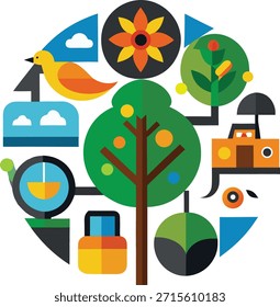 Iconos ecológicos rodean un árbol que simboliza la naturaleza y la sostenibilidad