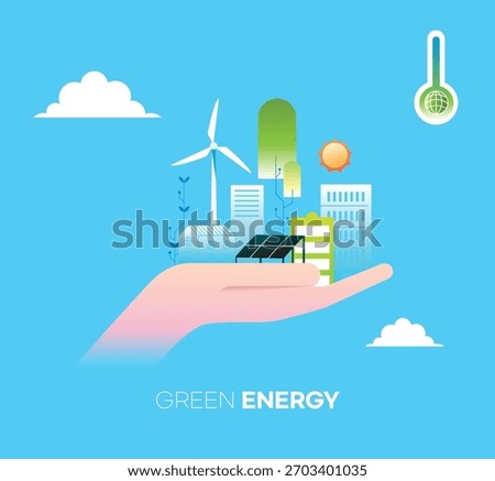 An eco-friendly illustration featuring a hand holding a green energy city with wind turbines, solar panels, and sustainable buildings, representing renewable energy and environmental protection.