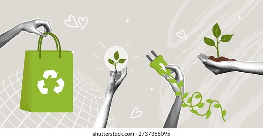 An eco-friendly illustration featuring recycling, renewable energy, plant growth, and sustainable development. A trendy halftone collage. Concepts of environmental awareness, eco-lifestyle, and green