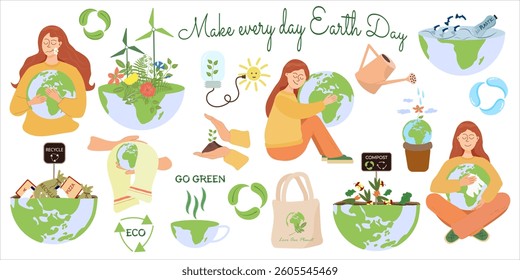 Eco-friendly illustration promoting sustainability, recycling, and environmental awareness. Features green energy, waste reduction, and nature protection elements. Ideal for campaigns and eco projects