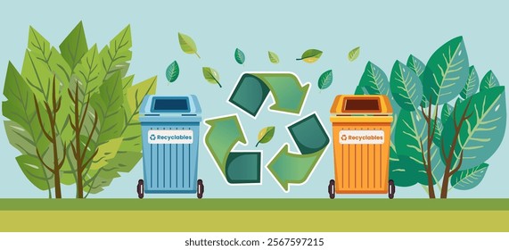 Eco-friendly illustration with recycling bins, vibrant green leaves, and a bold recycling symbol promoting sustainable waste management and environmental awareness in a clean and colorful design.